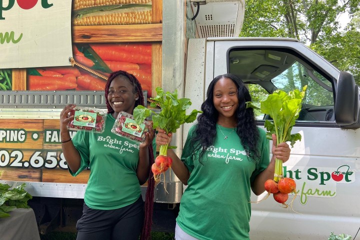 two persons holding vegetables in front of a Bright Spot farms van.